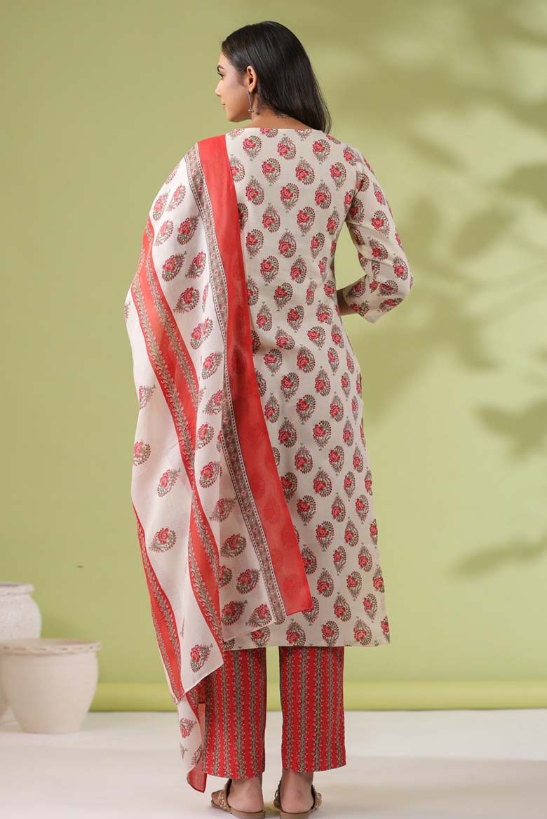 Cream Cotton Blend Ethnic Motifs Regular Kurta Set - Image 3