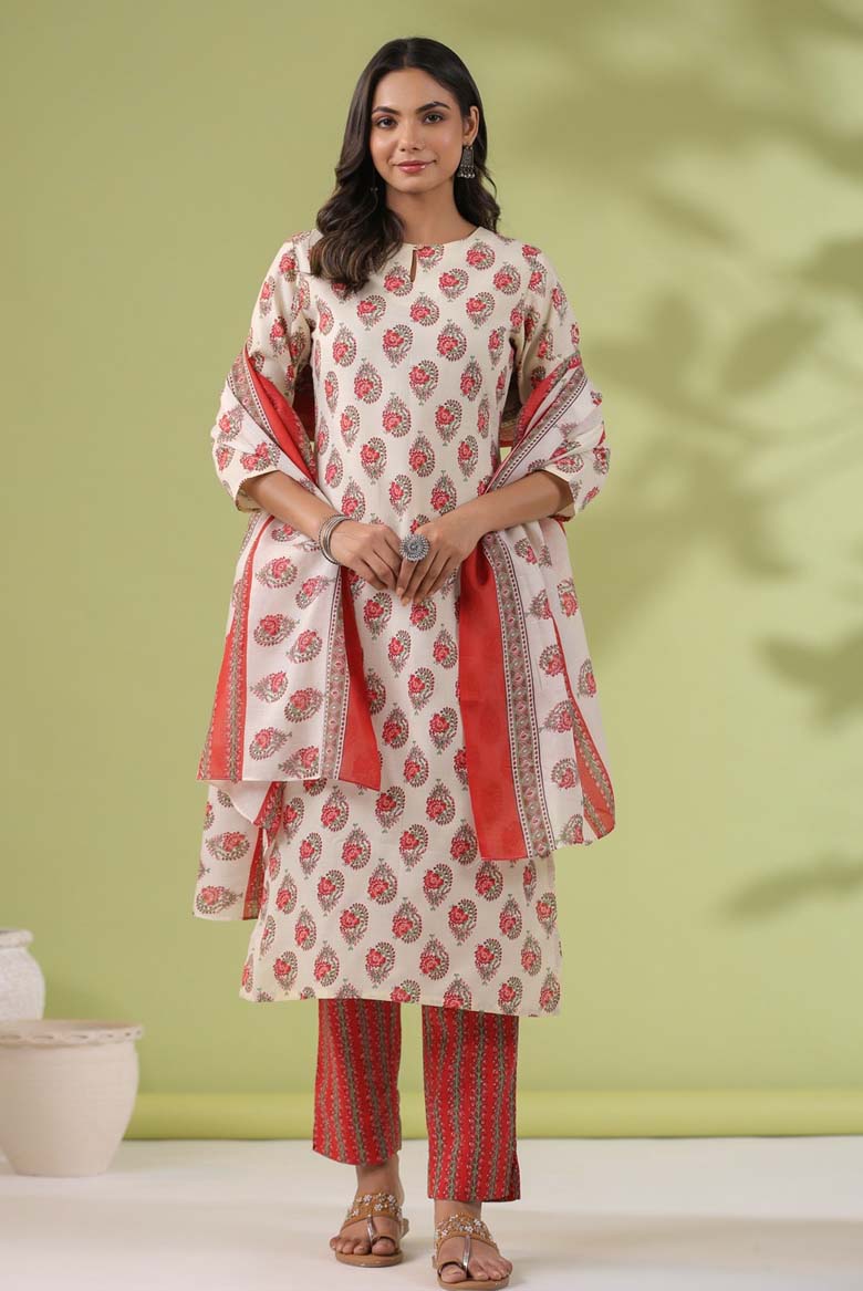 Cream Cotton Blend Ethnic Motifs Regular Kurta Set - Image 6