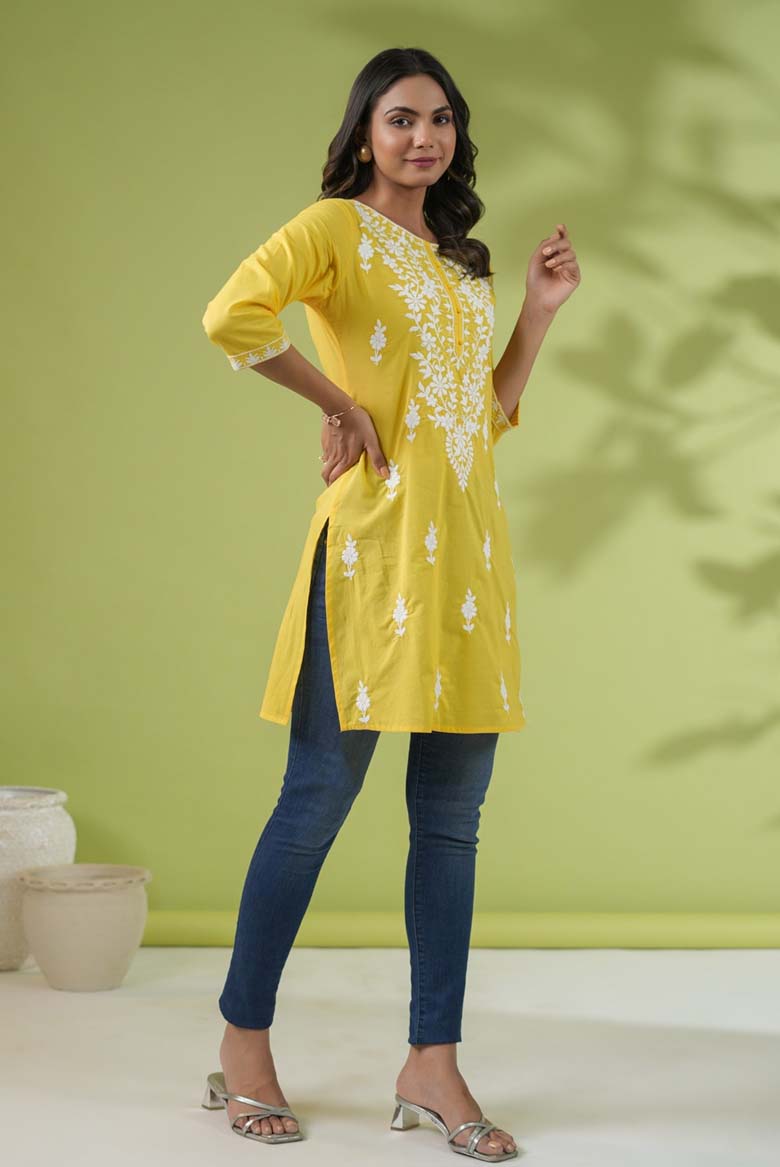Yellow Colour Cotton Chikankari Regular Tunic