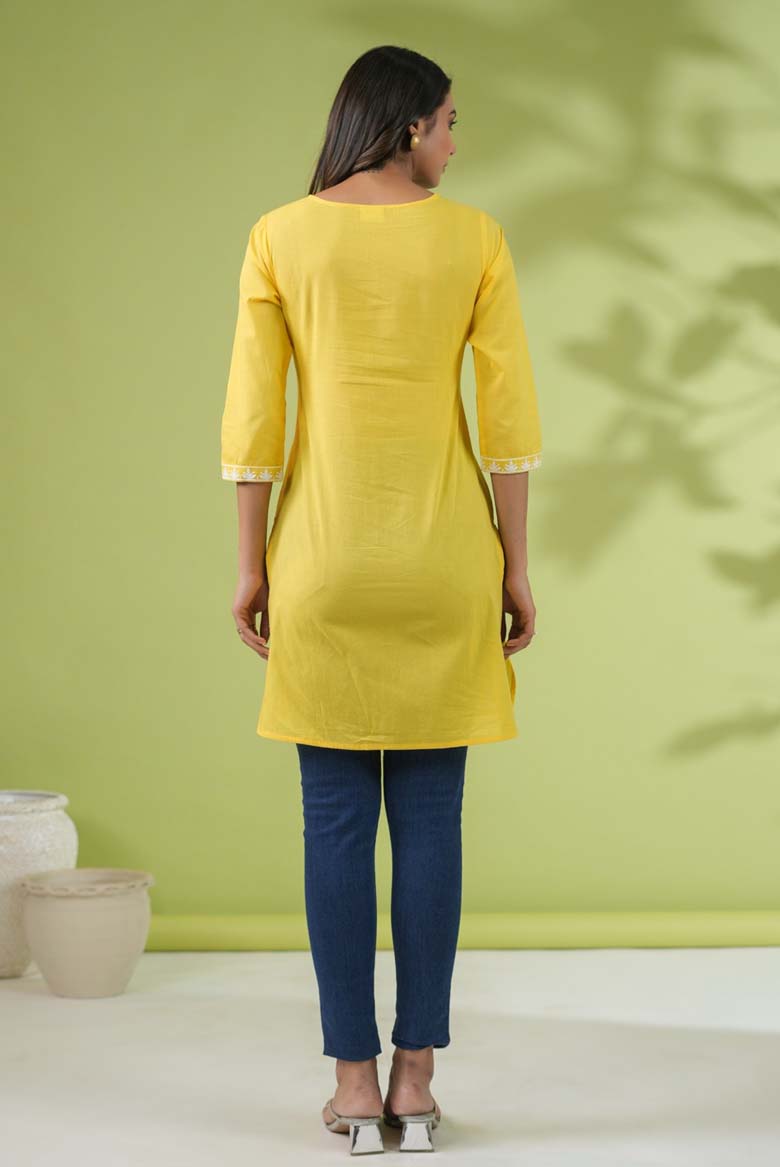 Yellow Colour Cotton Chikankari Regular Tunic - Image 3