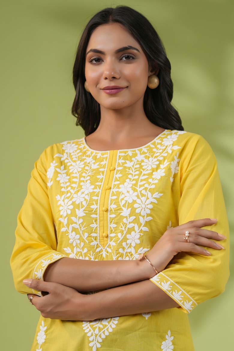 Yellow Colour Cotton Chikankari Regular Tunic - Image 4