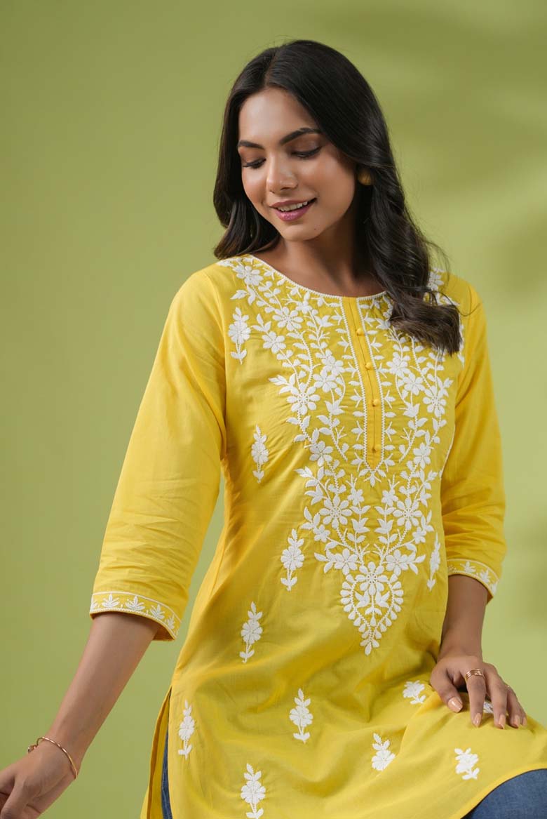Yellow Colour Cotton Chikankari Regular Tunic - Image 5