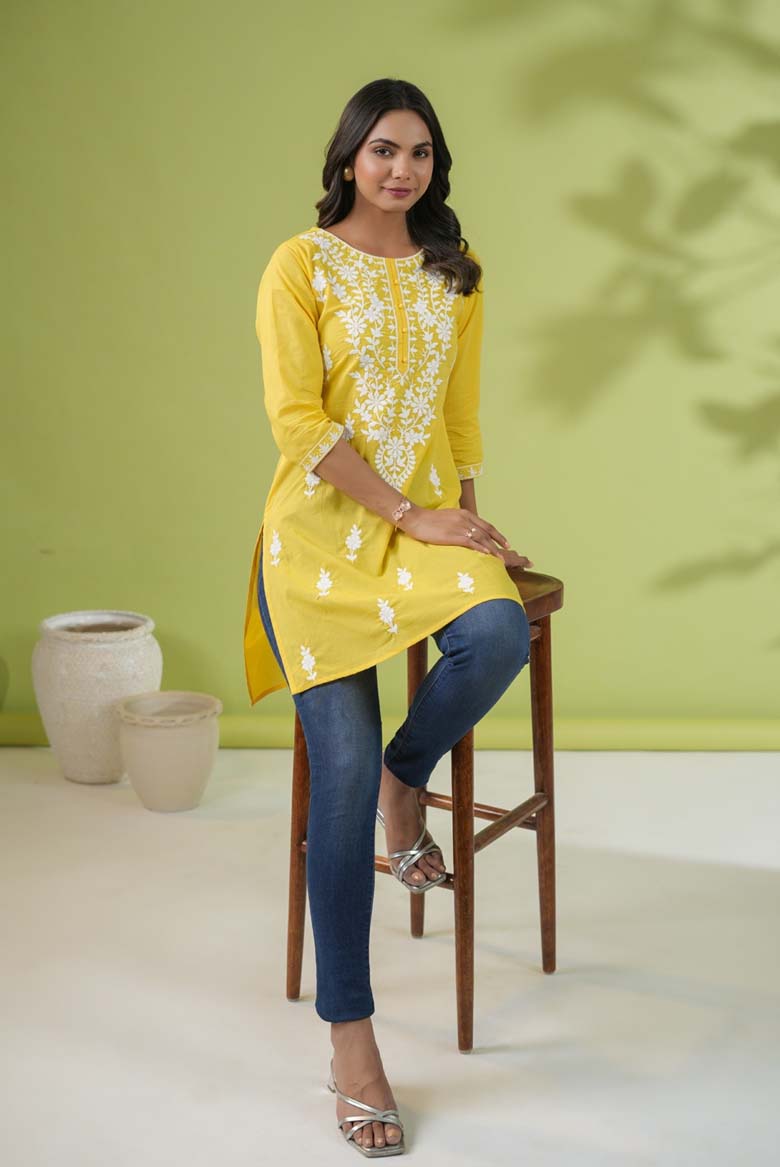 Yellow Colour Cotton Chikankari Regular Tunic - Image 6
