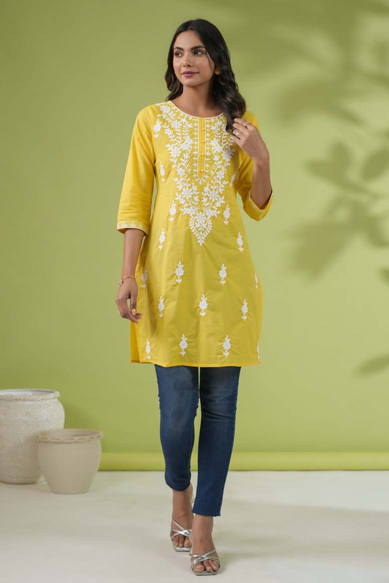 Yellow Colour Cotton Chikankari Regular Tunic - Image 7