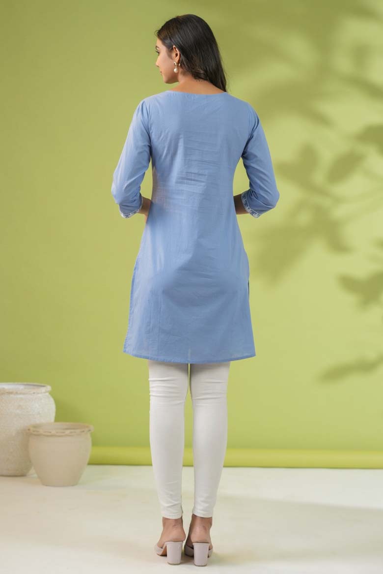 Blue Cotton Chikankari Regular Tunic - Image 2