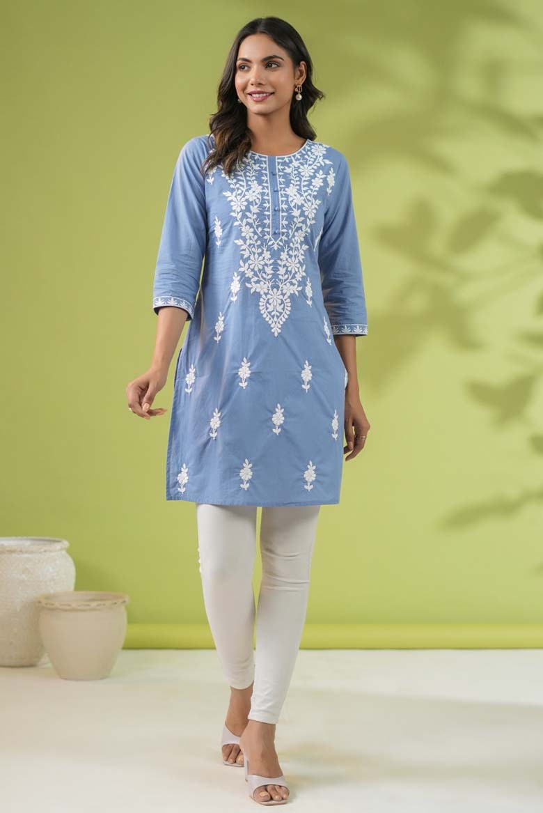 Blue Cotton Chikankari Regular Tunic - Image 5