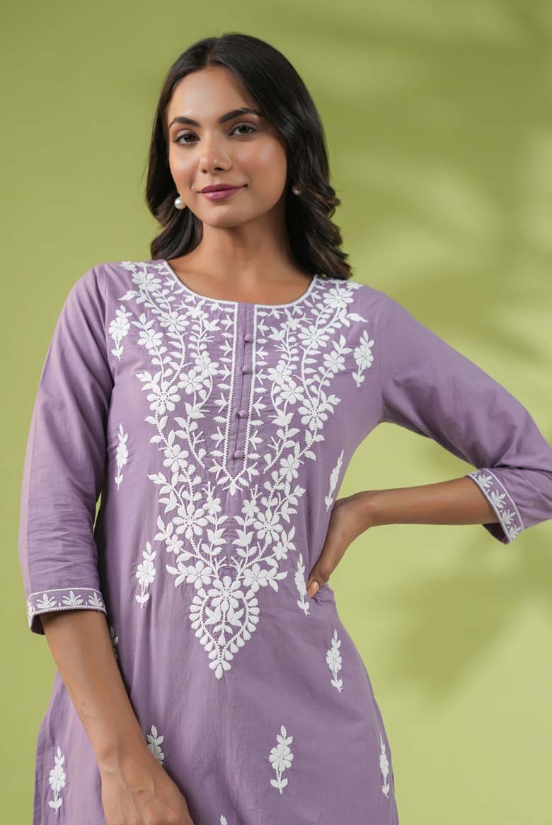 Lavender Cotton Chikankari Regular Tunic