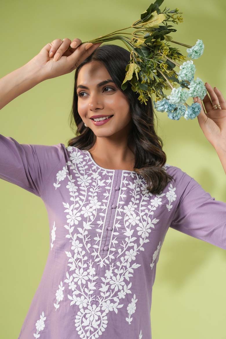 Lavender Cotton Chikankari Regular Tunic - Image 4