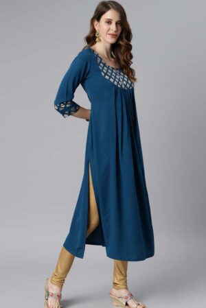 Teal Poly Crepe Ethnic Motifs Straight Kurta