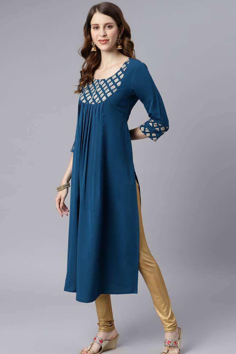 Teal Poly Crepe Ethnic Motifs Straight Kurta - Image 2