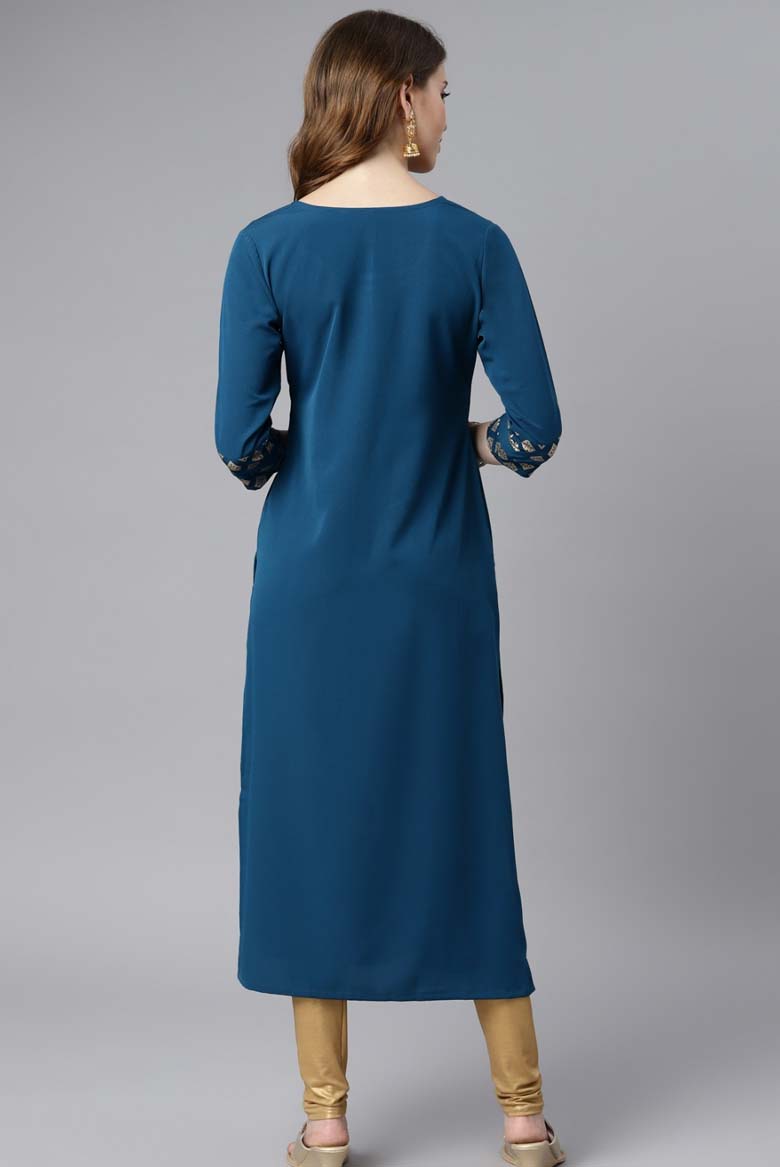 Teal Poly Crepe Ethnic Motifs Straight Kurta - Image 3