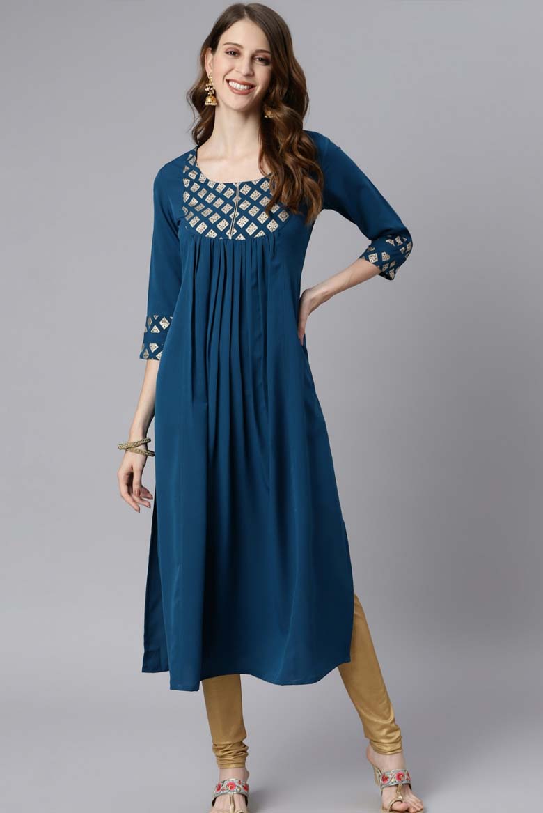 Teal Poly Crepe Ethnic Motifs Straight Kurta - Image 5