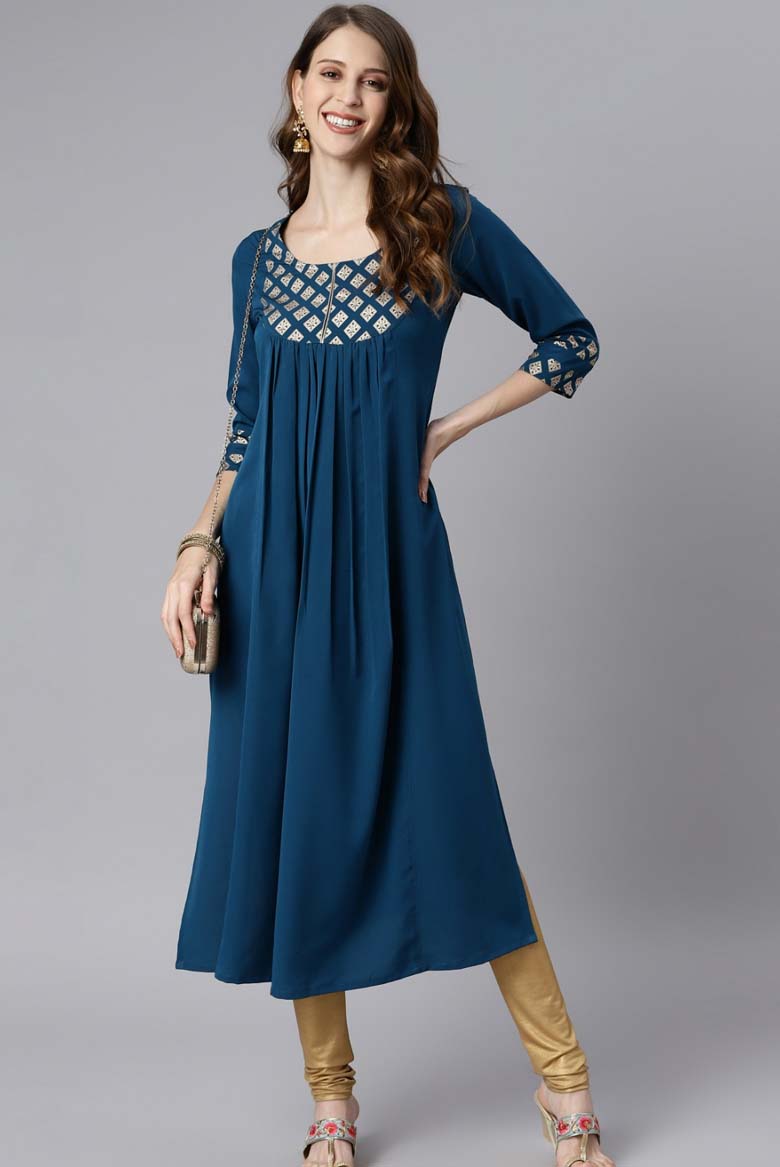 Teal Poly Crepe Ethnic Motifs Straight Kurta - Image 6