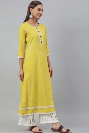 Yellow Rayon Botanical Print A-Line Kurta
