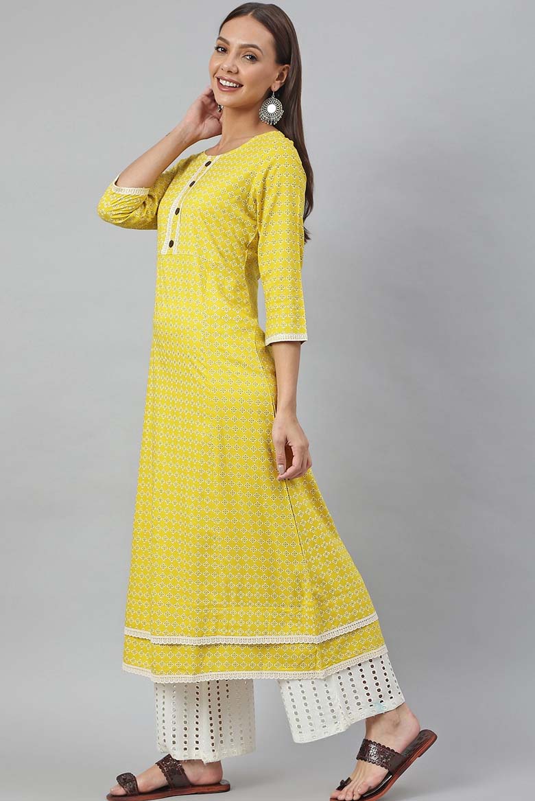 Yellow Rayon Botanical Print A-Line Kurta - Image 2