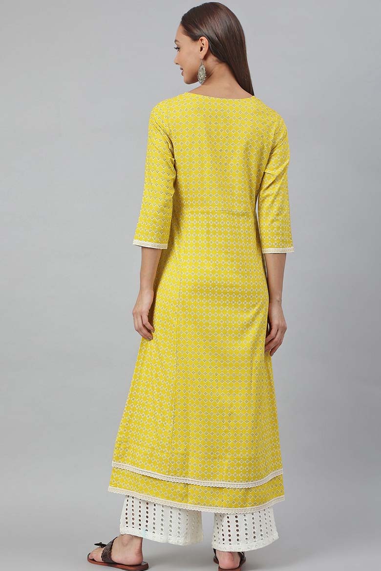 Yellow Rayon Botanical Print A-Line Kurta - Image 3