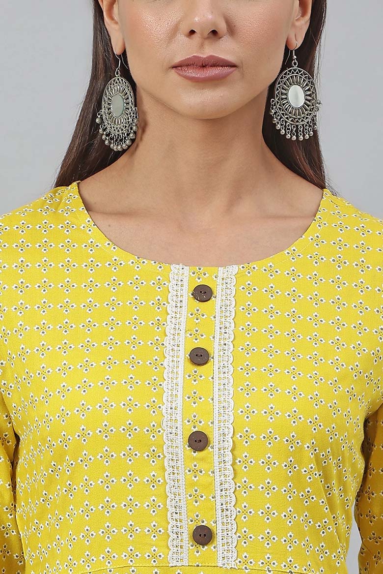 Yellow Rayon Botanical Print A-Line Kurta - Image 4