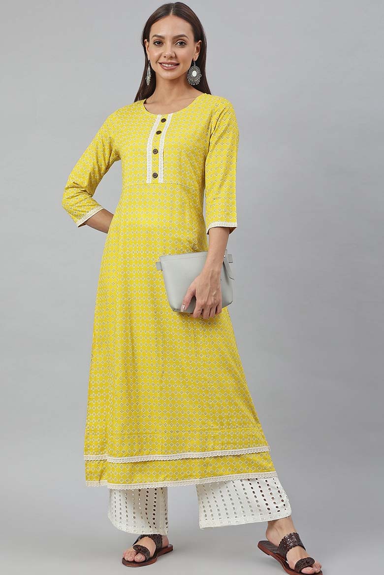 Yellow Rayon Botanical Print A-Line Kurta - Image 6