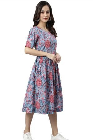 Blue Cotton Floral Print Flared Western Dress