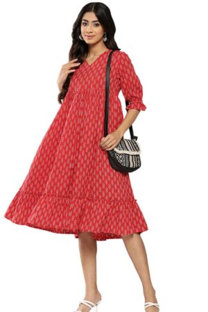 Red Cotton Ethnic Motifs Printed Flared Western Dress