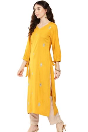 Mustard Rayon Embroidered Straight Kurta