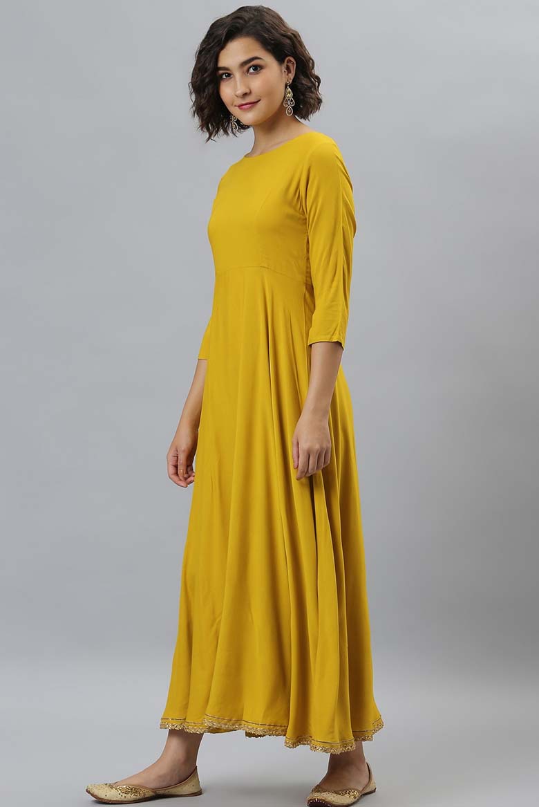 Mustard Rayon Solid Kurta with Dupatta