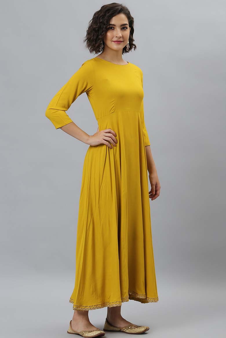 Mustard Rayon Solid Kurta with Dupatta - Image 2