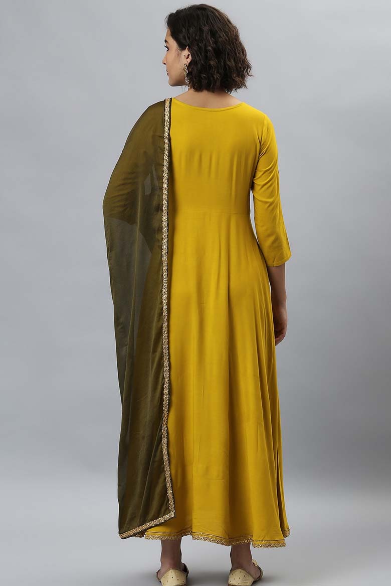 Mustard Rayon Solid Kurta with Dupatta - Image 3