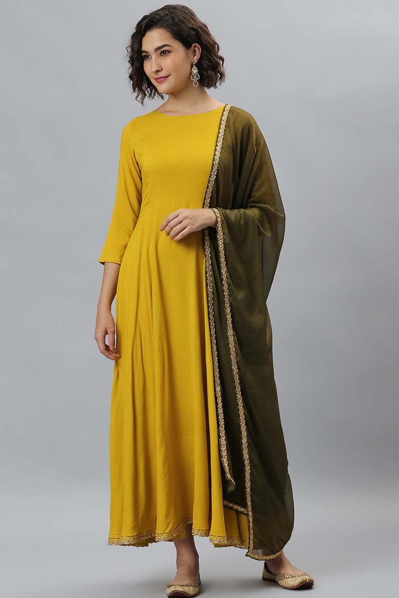 Mustard Rayon Solid Kurta with Dupatta - Image 5