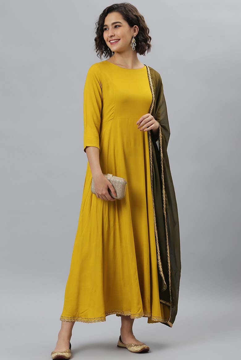 Mustard Rayon Solid Kurta with Dupatta - Image 6