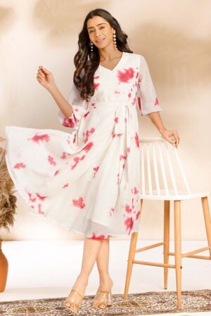 Off White Dobby Georgette Tie & Dye Fit & Flare Dress