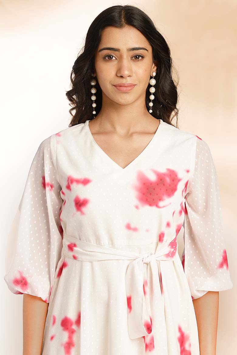 Off White Dobby Georgette Tie & Dye Fit & Flare Dress - Image 2