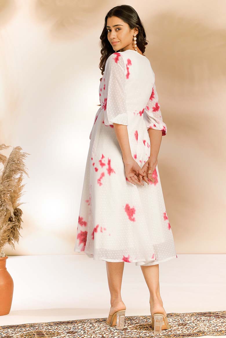 Off White Dobby Georgette Tie & Dye Fit & Flare Dress - Image 4
