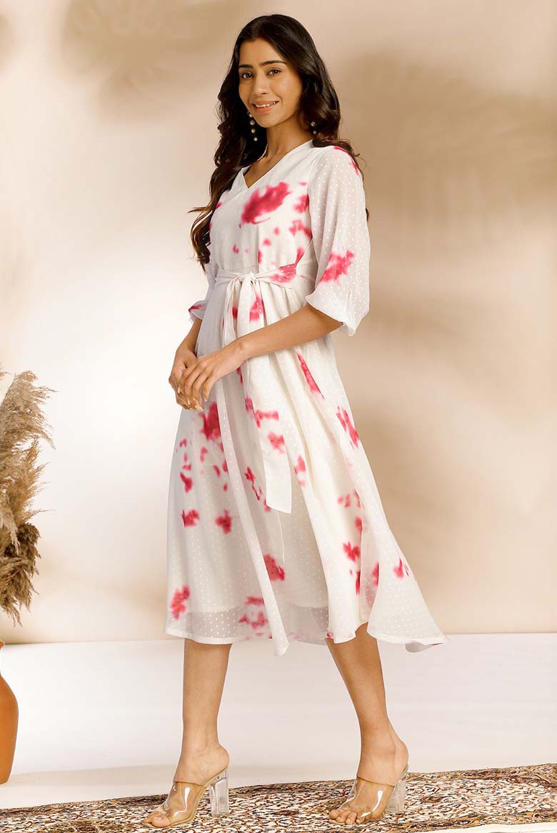 Off White Dobby Georgette Tie & Dye Fit & Flare Dress - Image 6