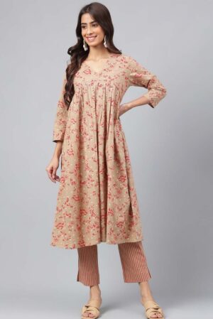 Floral Print Flared Kurta & Pants Set (Color/ Brown)