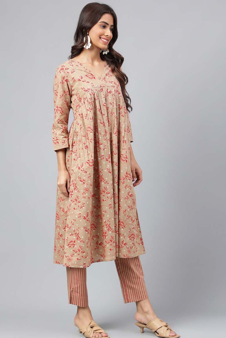 Floral Print Flared Kurta & Pants Set (Color/ Brown) - Image 3