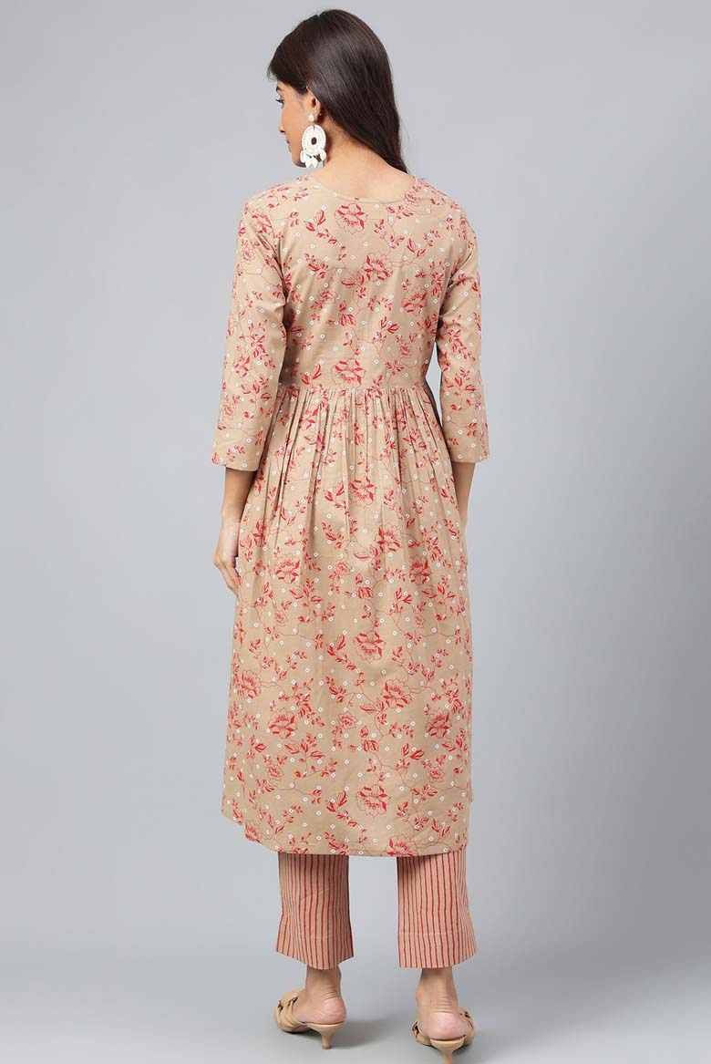 Floral Print Flared Kurta & Pants Set (Color/ Brown) - Image 5