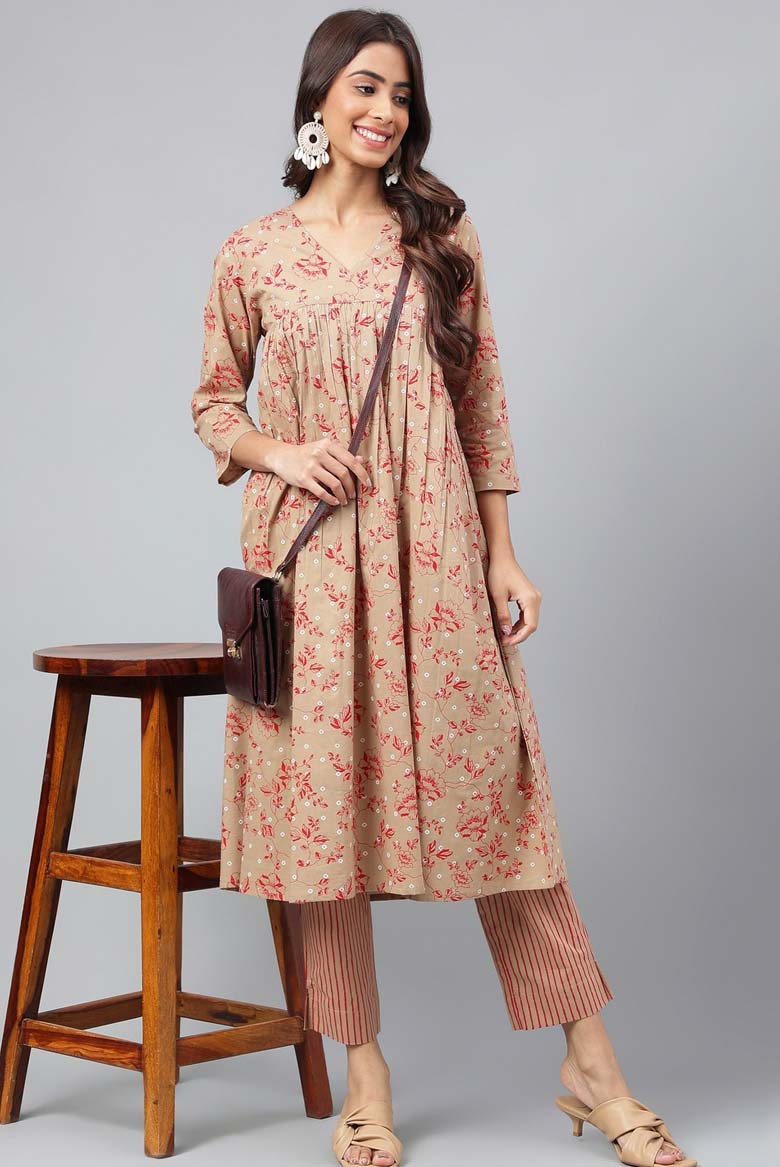 Floral Print Flared Kurta & Pants Set (Color/ Brown) - Image 6