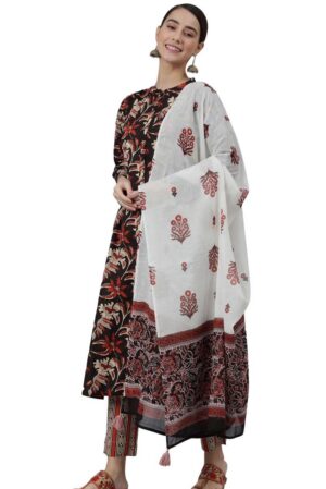 Black cotton botanical print Kurta with Pant and Dupatta