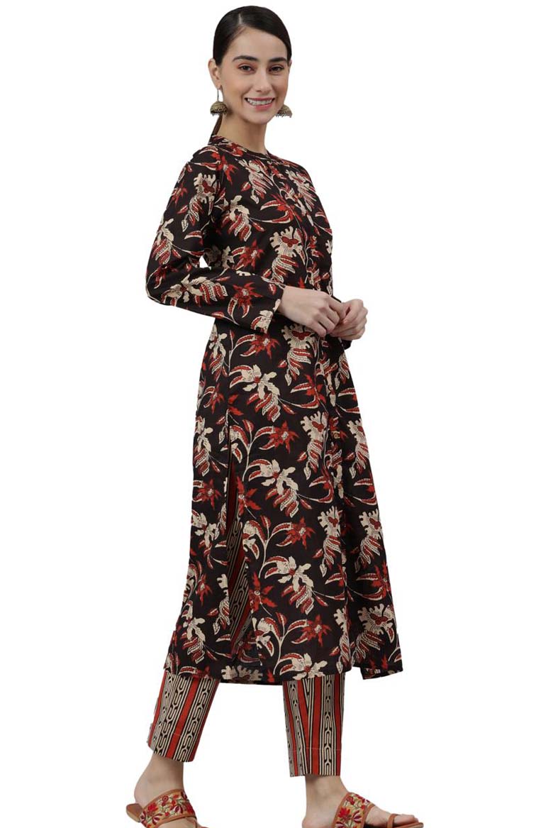 Black cotton botanical print Kurta with Pant and Dupatta - Image 2