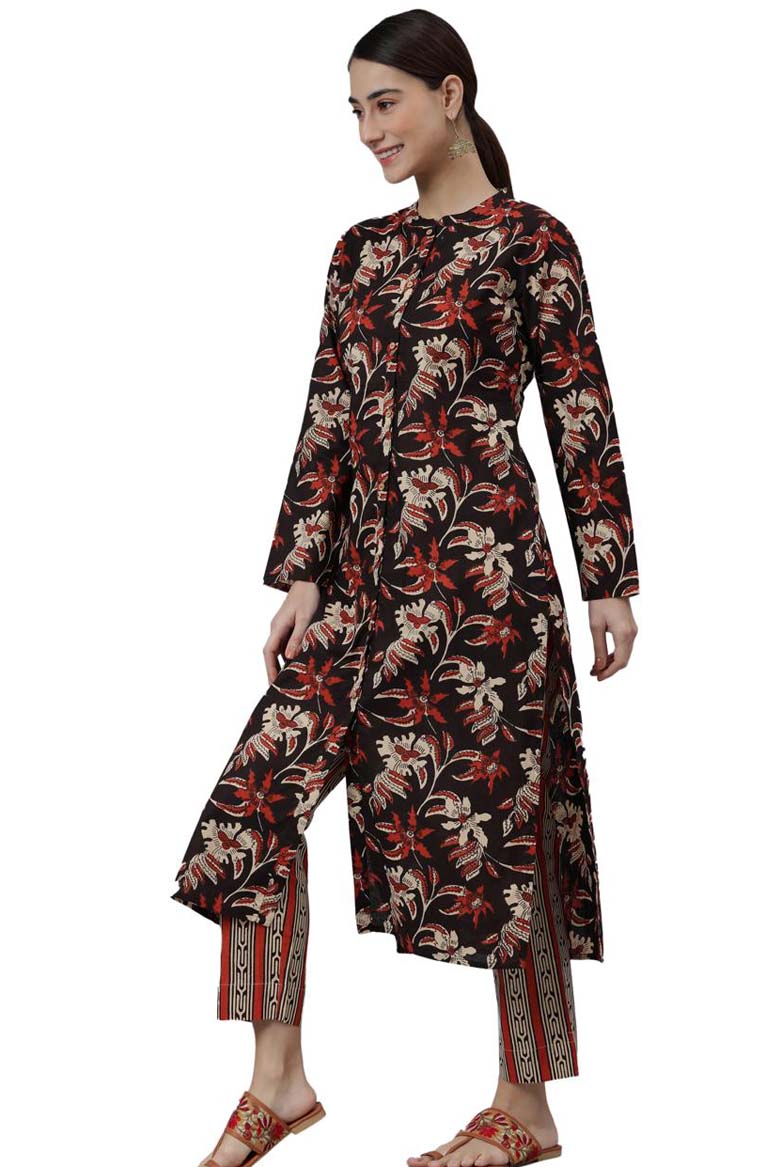 Black cotton botanical print Kurta with Pant and Dupatta - Image 3