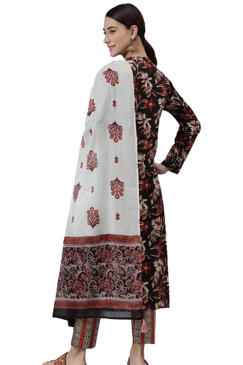 Black cotton botanical print Kurta with Pant and Dupatta - Image 4