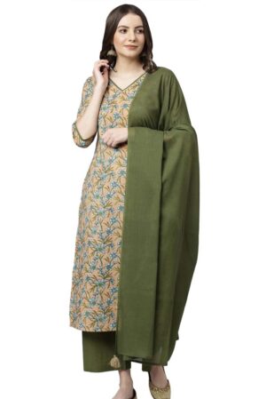 Peach Cotton Floral Print Kurta with Palazzo and Dupatta