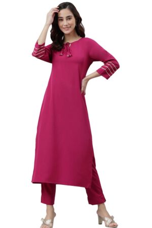 Magenta Poly Crepe Solid Kurta with Pant