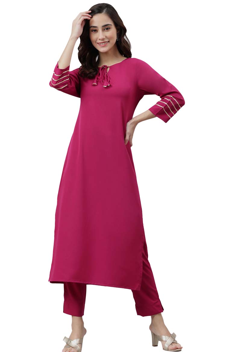 Magenta Poly Crepe Solid Kurta with Pant
