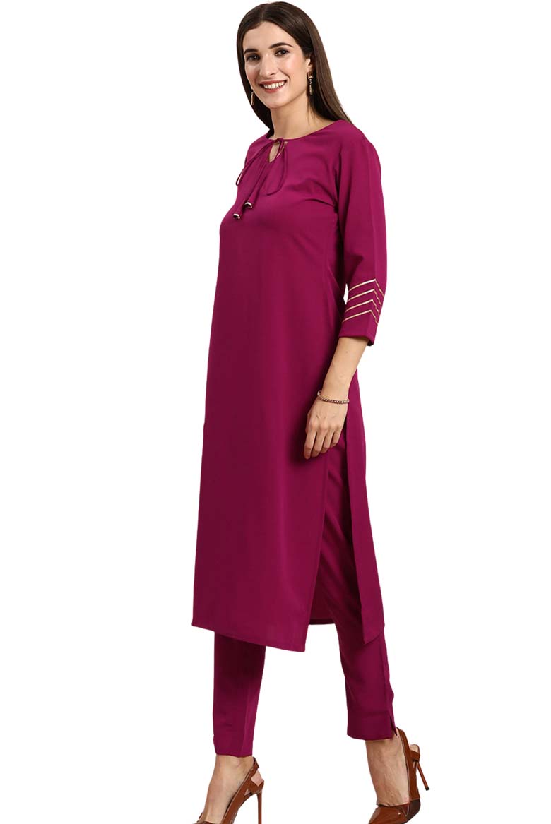 Magenta Poly Crepe Solid Kurta with Pant - Image 3