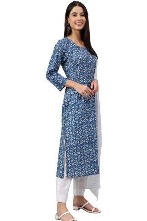 Blue Cotton Embroidered with mirror work Kurta with Pant and Dupatta