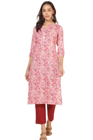 Cream Cotton Regular Kurta with pink color floral print