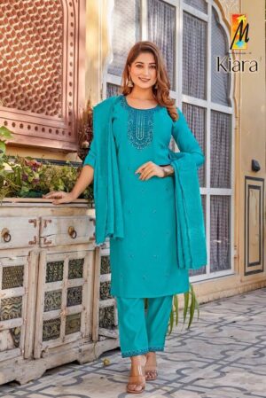 Roman Silk Kurta with Bottom and Dupatta (Color- Rama Blue)