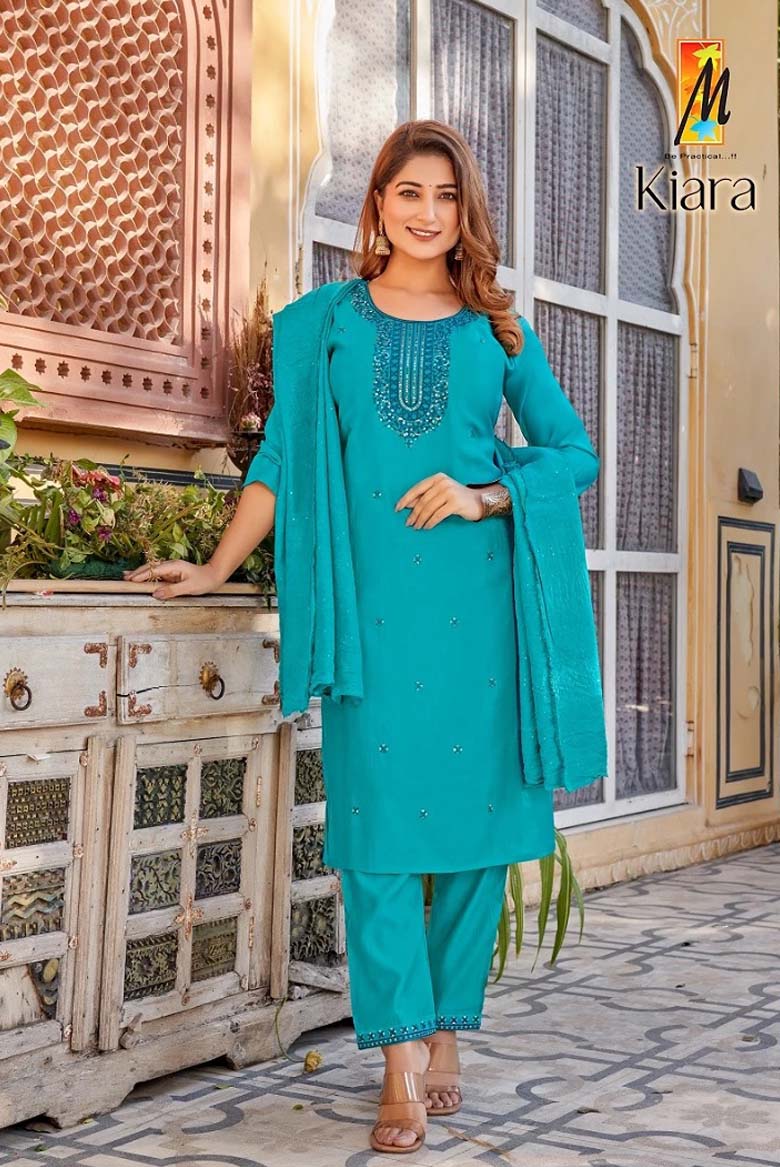 Roman Silk Kurta with Bottom and Dupatta (Color- Rama Blue)